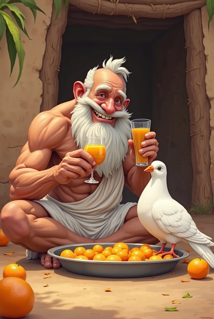 Crazy mutant chicken drinking coffee with Poseidon sitting on a chair