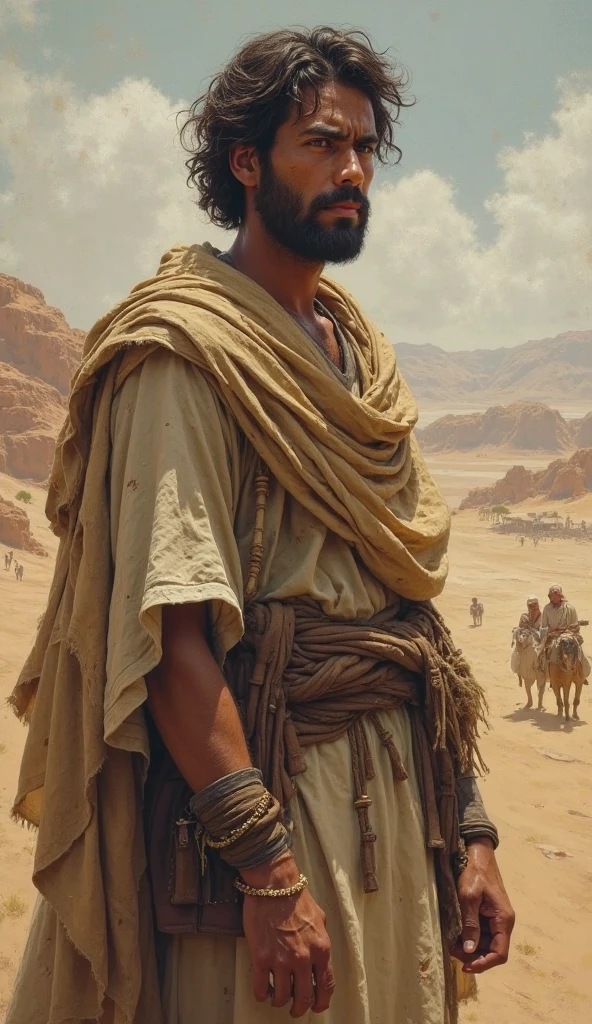 /imagem prompt (alta resolução, fotorrealista, melhor qualidade) A sad man of Bedouin origin, aparentando seus cinquenta anos, com suas vestes outrora nobre, rasgados e sujos. Se senta nas areias do deserto.