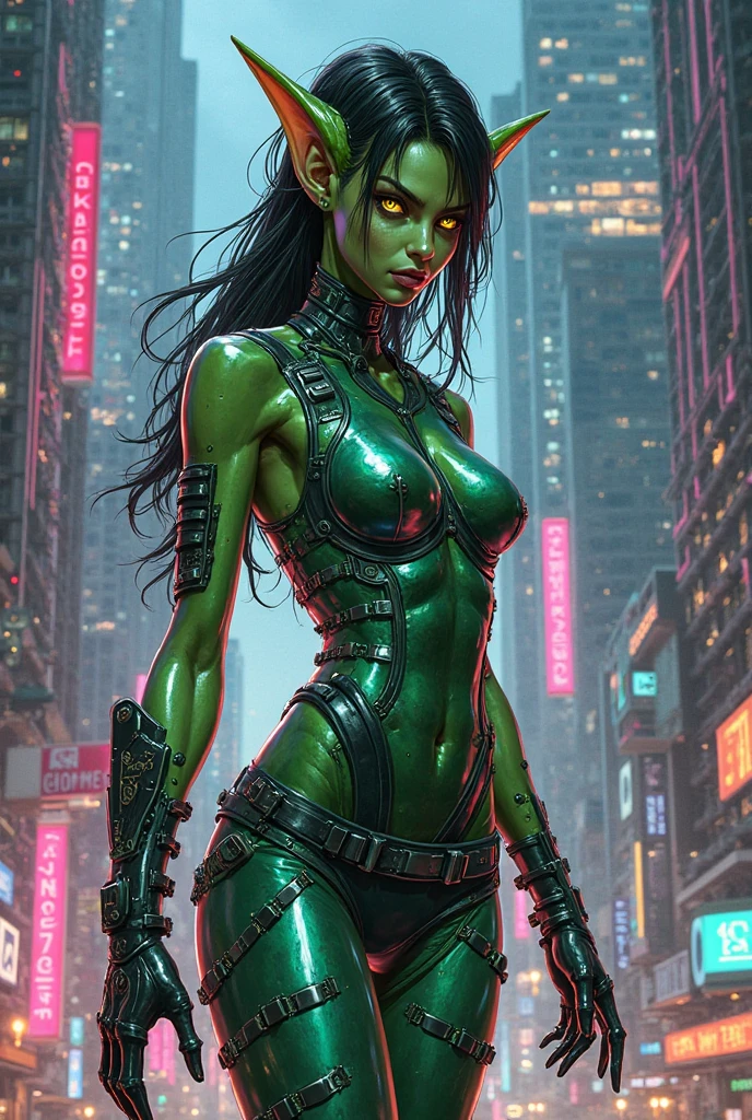 best quality, orc woman, beautiful muscular adult woman, very muscular, very tall, wide body frame, broad shoulders, long brown and purple sideshave haircut, tattered t-shirt, cyberpunk clothes, large breasts, wide frame, beefy physique, orc ears, mischievous grin, green skin, beautiful, strong, TALL, hdr, black goth eyeliner, light brown eyes, matte black lipstick, retro futurism city, outdoors, moonlight