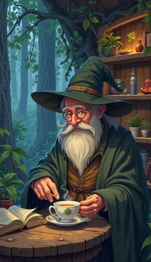 I need an elf (masculine) thin man with a long beard sitting under a mushroom, in green and brown clothes with a leprechaun hat, smoking a cigarette, looking up and from the whole body