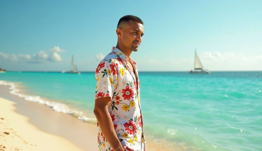 (best quality,4k,8k,highres,masterpiece:1.2),ultra-detailed,(realistic,photorealistic,photo-realistic:1.37),extremely detailed face and body, muscular shirtless man with tanned skin, handsome, chiseled jawline, piercing eyes, thick eyebrows, 5 o'clock shadow, short wavy dark hair, Hawaiian shirt, holding tropical cocktail, at lively Hawaiian themed party, colorful decorations, palm trees, beach in background, warm lighting, vibrant colors