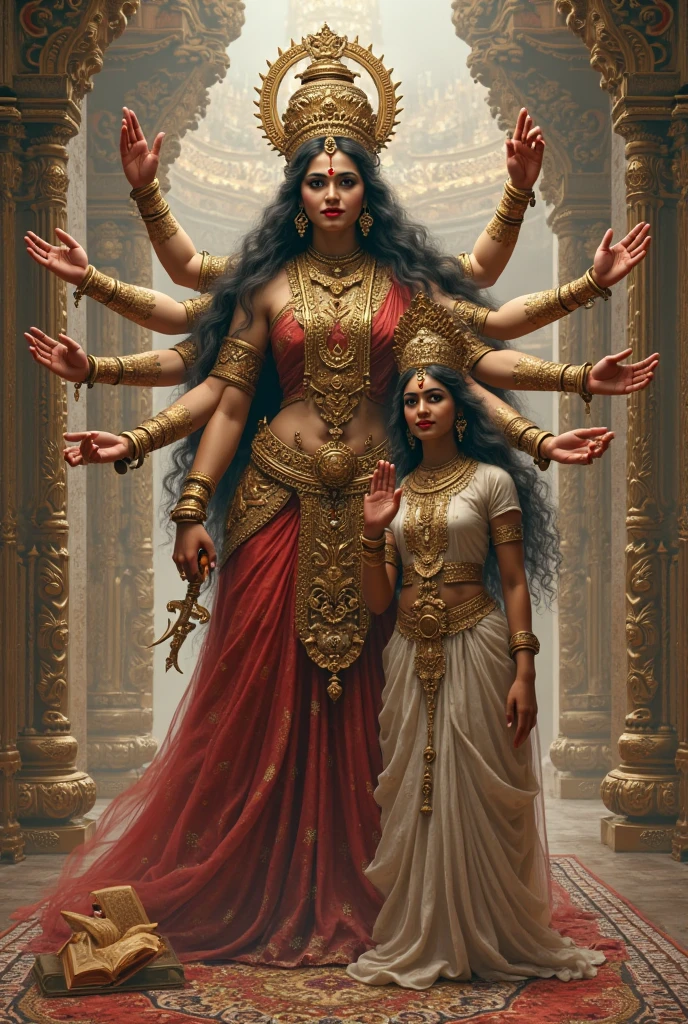1 demoness, green skinned, detailed face, beautiful eyes, intoxicating gaze, long flowing hair, four arms, smiling expression, crescent moon on forehead, curvy figure, big breasts, perspiring slightly, seated on corpse throne, wearing red garments and jewelry, holding skull in left hand and sword in right hand, acrylic on canvas, baroque style, inspired by Indian mythology, (best quality,4k,8k,highres,masterpiece:1.2),ultra-detailed,(realistic,photorealistic,photo-realistic:1.37),highly detailed description, by Peter Paul Rubens