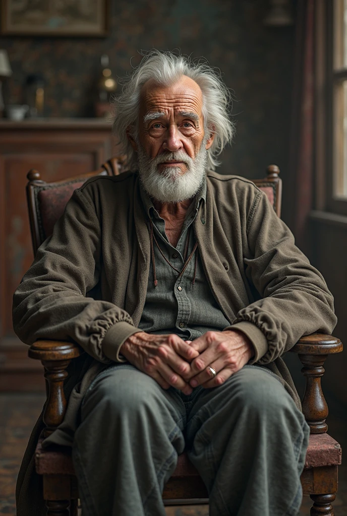 cinematic portrait photo of a very interesting old hobbit inside his house sitting comfortably on old chair, white curly hair, wide bushy sideburns, medium shot, highly detailed vfx portrait, taken with a full frame camera with a wild lens, in his hobbit home, lord of the rings design