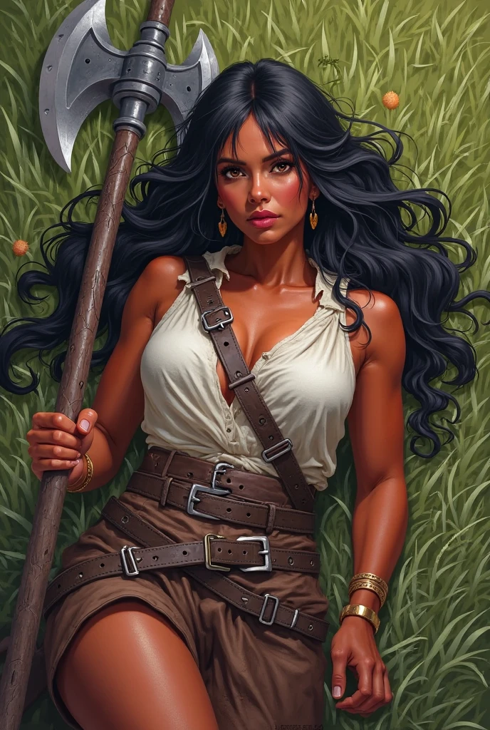 (graphic novels, flat colors, 2d:1.3), artwork, candid camera, medium shot, view of cheyenne, petite, small breasts, perky breasts, skinny curvy proportions, perky breasts, sexy, confident, long curvy black hair, braids, bangs, shells skin, pores, freckles, native clothes