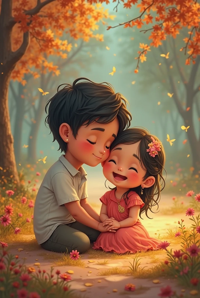 Boy name rutik and girl name sanvi pic on black t shirt sit in garden