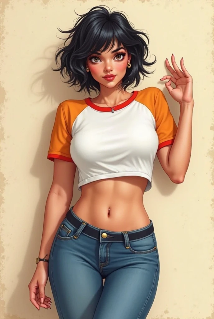 masterpiece, best quality, one girl, solo, detailed face, looking at the viewer, black eyes, gold hoop earrings, small breasts, 5 fingers, seductive smile, formal background, detailed skin texture, (blush: 0.5), (goosebumps: 0.5), subsurface scattering, detailed skin texture, (blush: 0.2), (goosebumps: 0.3), subsurface scattering, sexual expression, jeans, stockings, portrait, covering breasts with hands, pink bra, crop top