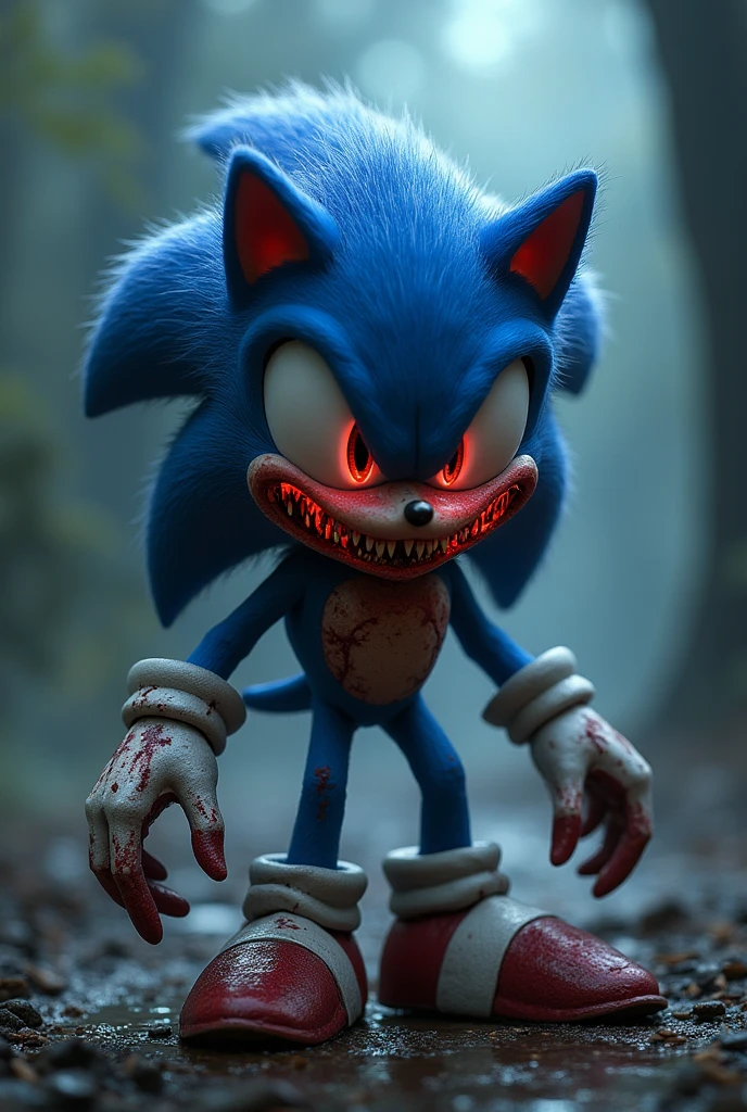 Create Sonic with a terrifying anime-style appearance, I don&#39;t want it to be 3D, that has big eyes, a big smile with sharp teeth, and its elongated joints