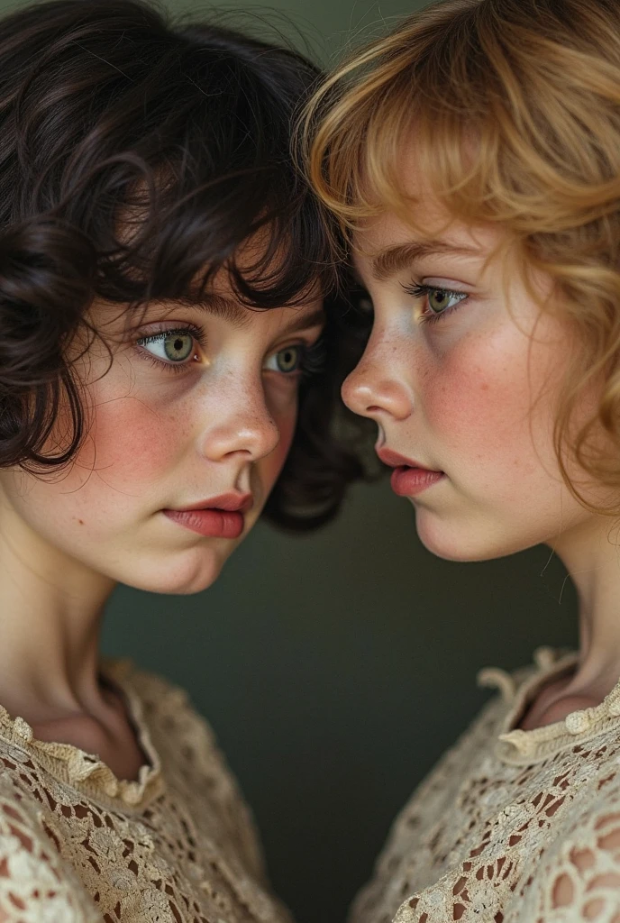 An eight year old redhead girl, with short curly hair and green eyes kissing an eight-year-old girl with white hair and blue eyes