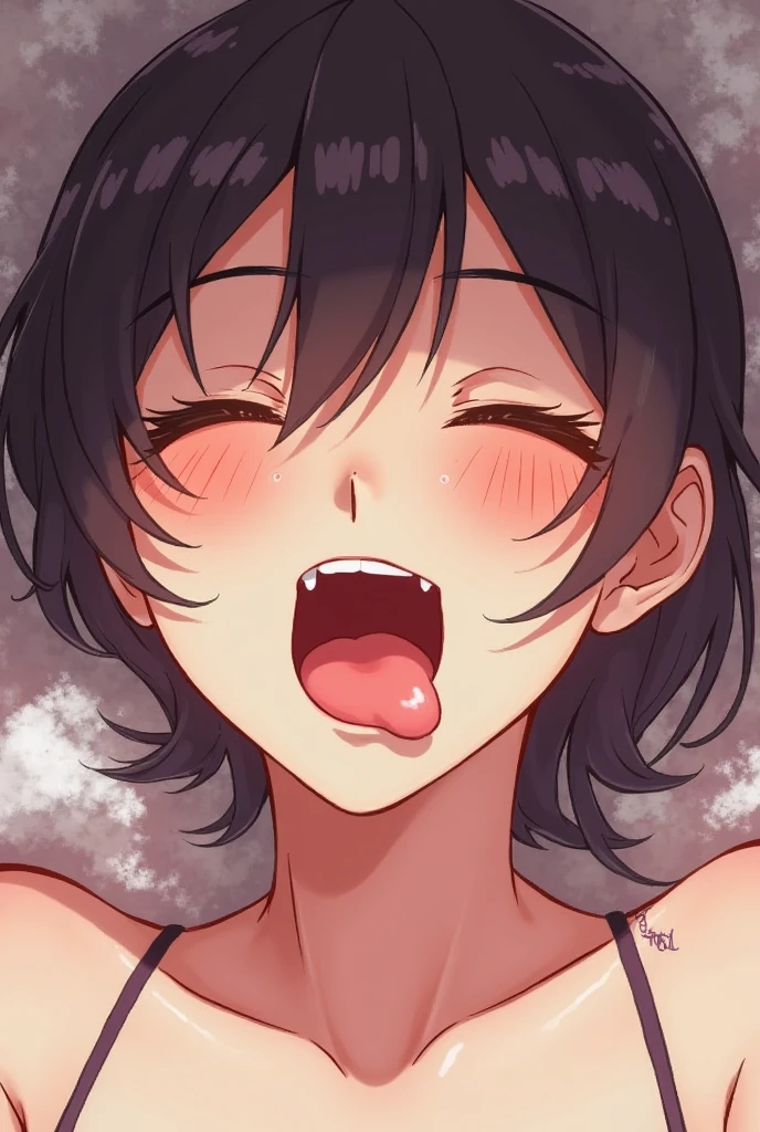 nsfw,portrait,1 girl,black hair,Tongue out,Androgynous,medium hair,sidelocks,Covered,masterpiece,best quality,very aesthetic,absurdres,upper body,straight-on,large,Covered,Smile,(upturned_eyes),From above,cum in Tongue,Ahegao,attractive