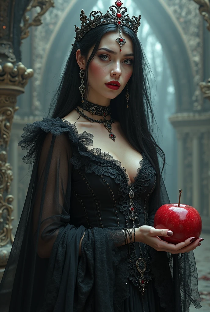 Luxurious araphed woman in black gothic dress and luxurious black gothic crown,holds an apple.girl,black long hair,, Sensual smile,mouth slightly open.Black queen,Accessories,holds out an apple in his hand,poisonous apples,Queen Witch,Red lipstick,Detailed details,8 K,masterpiece,Gothic witch,cinematic lighting,photorealistic,Dramatic shadows,dark color palette