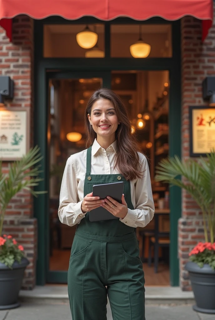 (medium full shot) of (trendy barista) young woman, lithe build, medium hazel straight down hair, brazilian, tan skin, turquoise eyes, wearing a beanie, brown classic barista shirt, maxi skirt, checked apron, sneakers, glossy lip balm, carrying a clipboard a name tag, set in  an outdoor cafe, with garden seating, fresh flowers, sunny ambiance, comfortable chairs, woman smiling, detailed face, ,Masterpiece,best quality, photo, realistic, very aesthetic