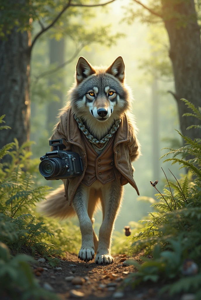 A wolf with a Canon camera in its paws