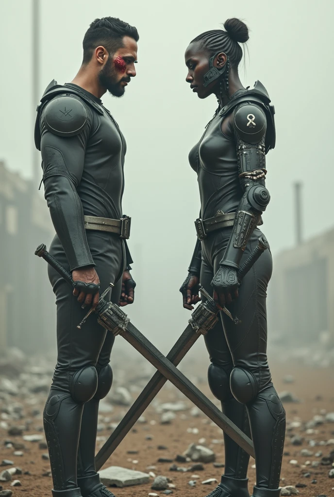(2persons) (1male robot) (1 human woman) A futuristic Robot hugging a real woman in love, they are looking each other in the eyes, she is wearing a dark transparent dress and high heels, unreal engine, stable diffusion, cinematic lights, highly detailed.