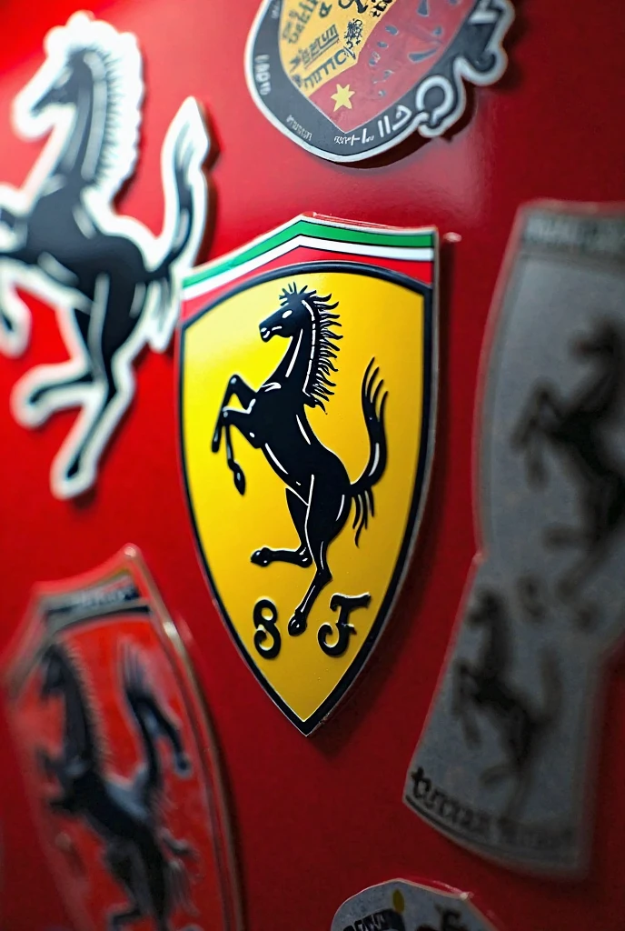 ((Ferrariのエムブレム, The Stuttgart Horse)), Emblem Plate, Tricolor on top of the emblem, Metalの艶感, shine, Dull shade, coldness, Metal, text:Ferrari, text:S F, (Yellow Emblem:1.4, Red background:1.2), Realistic, フォトRealistic:1.2, Highest quality:1.2, Very detailed, Natural light, Cinema Lighting, Fine art, Contemporary art.