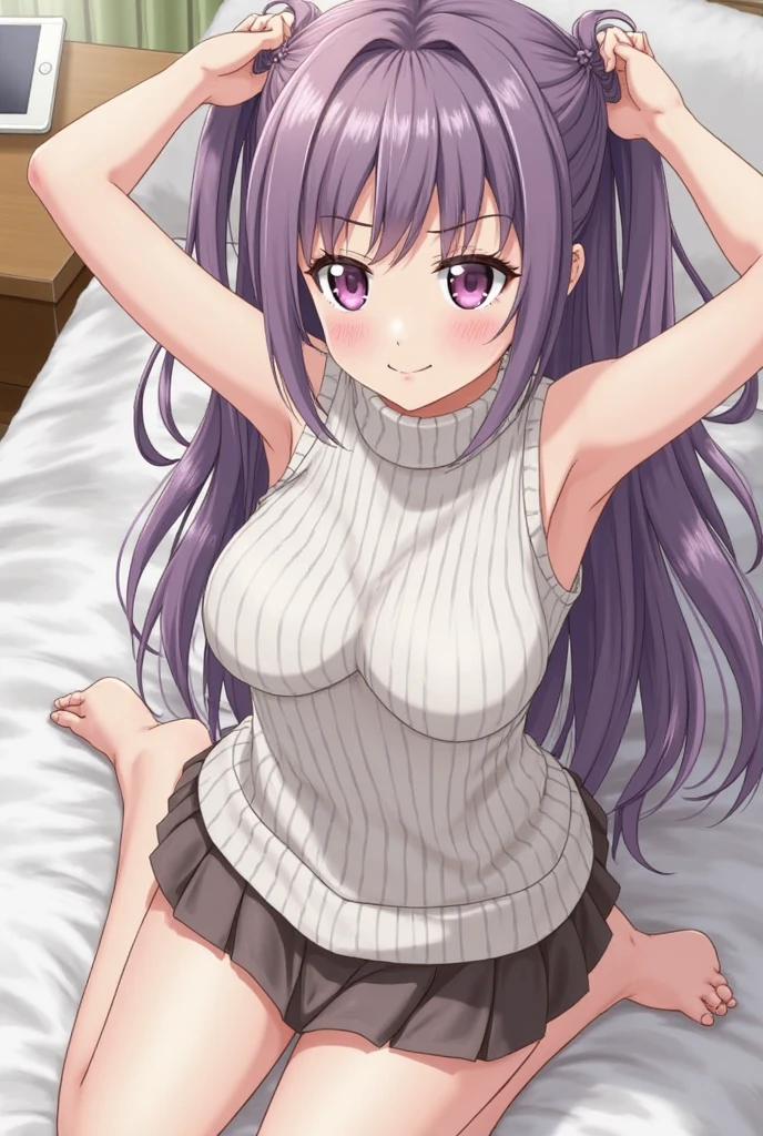 Anime, 1girl, solo, long_hair, purple_eyes, light_purple_hair, bare_shoulders, blushing, smile, upper_body, bangs, sidelocks, anime_coloring, white t-shirt, black thigh high socks, medium breasts, thick thighs, sexy pose, high res, best quality, masterpiece