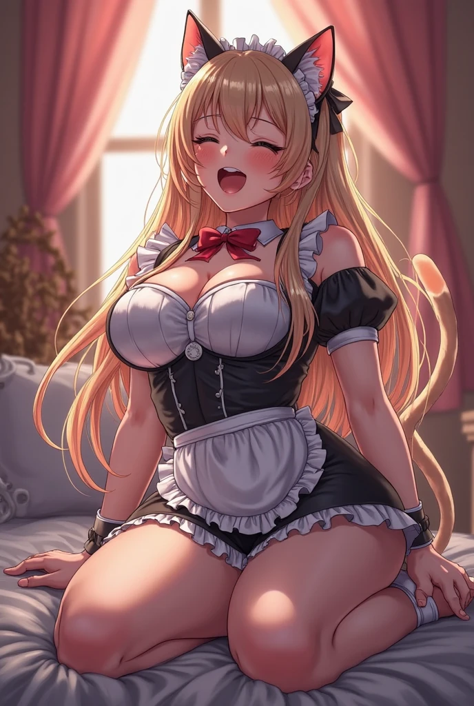 ((highest quality, Highly detailed CG Unity 8K wallpaper))、beautiful breasts、nipple、(sexually seducing me、I'm inviting you to have sex、Love juice dripping from the vagina)、((She lifts up her skirt and shows no panties、blonde、maid、embarrassed look))、spread your legs wide、((((Straddling a man、having sex))))