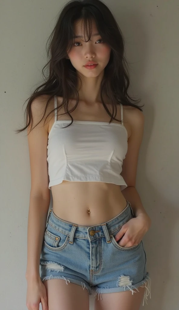 Best quality, full body portrait, delicate face, 18-year-old girl, slim figure, small bust, white bra, open belly button, waist open pink denim miniskirt, standing tall