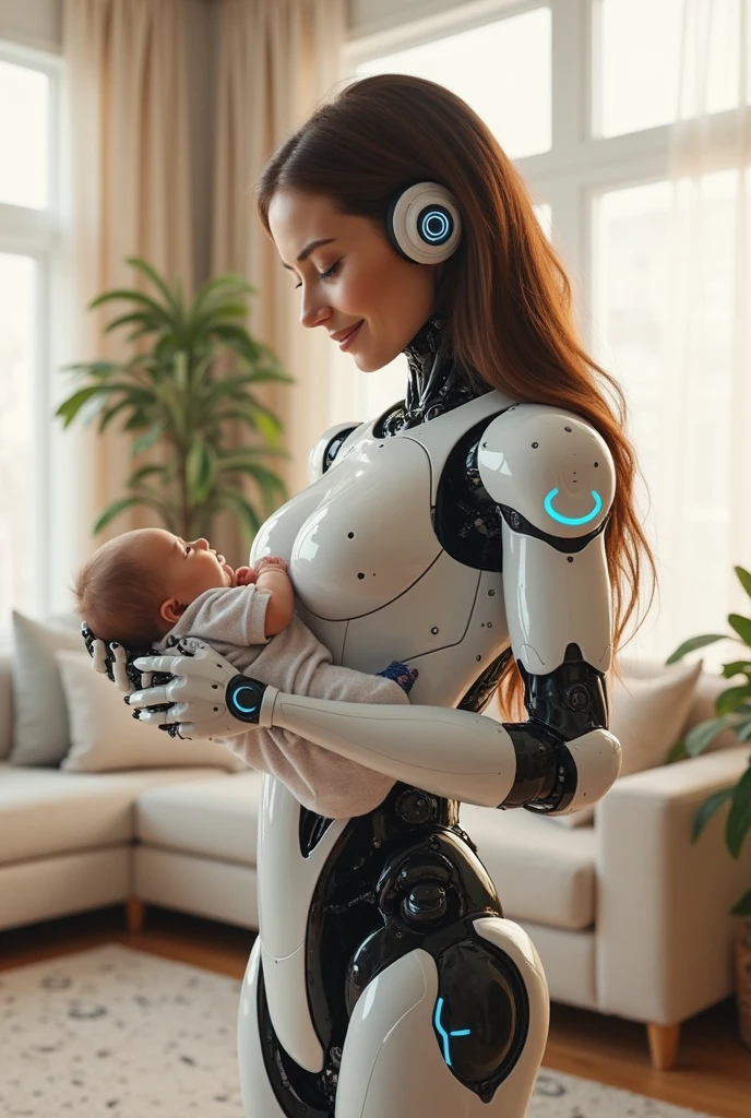 (8K, Best Quality, Masterpiece: 1.2), (Realistic, Photorealistic: 1.37), Super Detail, Super Realism, Anatomically Correct, One Mother Robot Holding One Baby Robot. Machine fuselage