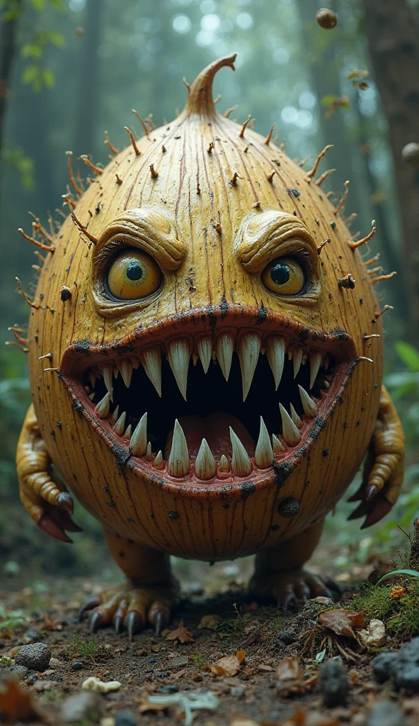 A distance view of Translucent HyperRealistic hollow anthropomorphic Mangosteen monster , in Forest, Detailed sunlight glowing, Leeds and barks in the grounds. Misty droplet over subject.