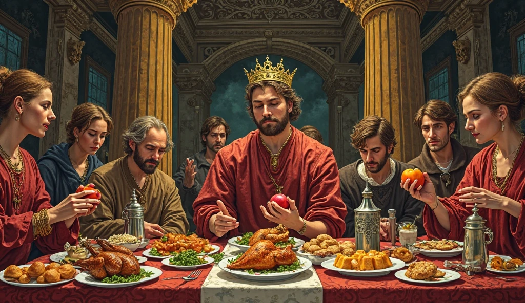 Concept: A reimagining of Da Vinci's "The Last Supper" with the apostles replaced by various fast food mascots, and the table filled with greasy, oversized burgers, fries, and soda. The central figure is an overweight man in casual clothing, looking dazed and overwhelmed.
