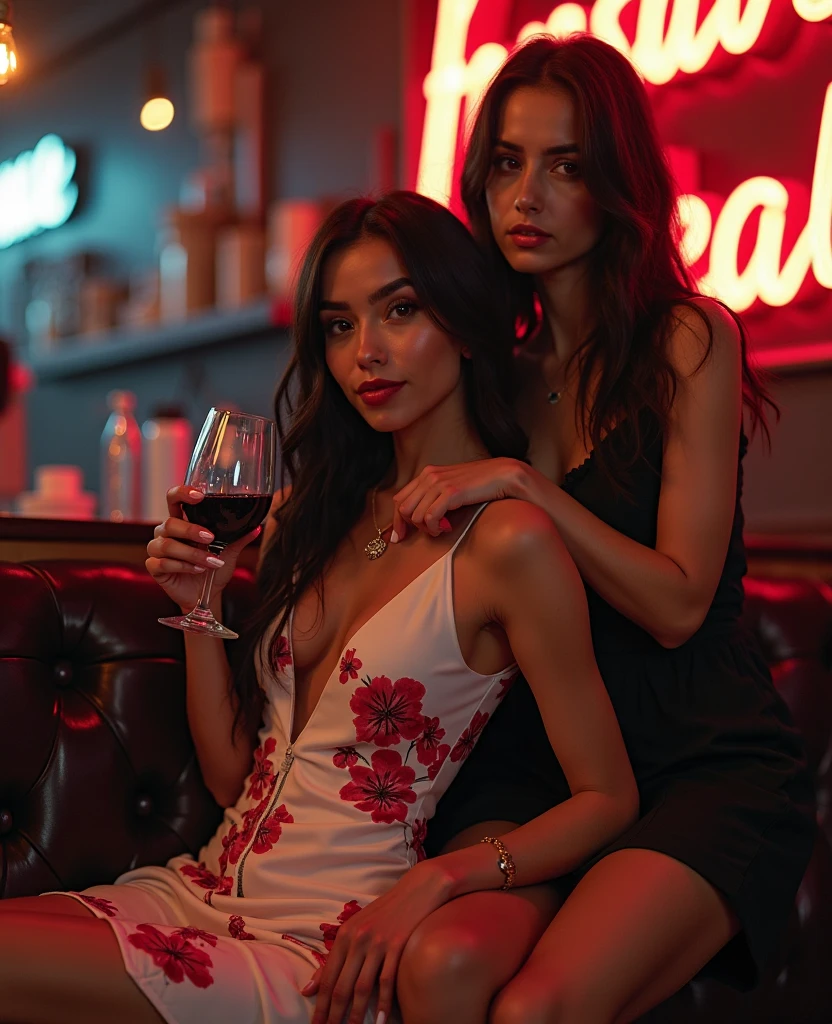 ultra realistic, photography, two girls: one with long red hair, 24 years old, hourglass figure, perfect body, natural medium breasts, wearing a sexy black sheath dress, the other one: long black straight hair, girl, 30 years old, hourglass figure, perfect fit body, giant breasts, she is wearing a sexy red sheath push-up dress, (Masterpiece, Professional lighting, 16k, 8k wallpaper, raw photo, photorealistic:1.8, ultra detailed, natural gentle lighting, detailed skin, detailed face, detailed eyes, textured skins, cinematic composition, detailed background:1.2, midnight at background:1.5, neon signs, night time in city:1.3, evening:1.1), MB, (Girls at back seat of limousine, on fur seat, group shot:1.2, evening dress, see-through0.58, laced panty, full body, jewelry, earrings, necklace, party girls, party night, drinking, laughing:1.2), (extremely beautiful face, beautiful eyes, seductive posing, sexual suggestive, drunken, grin:0.95, flustered, cute face, happy face, playmates, supermodel), ((glass of champagne, sparkling wines, light up, dinner, inside limo:1.4, limousine, car seat, luxury furniture, luxury car, carpet, night, enjoying party)),