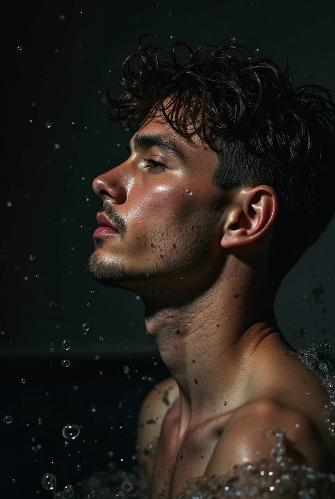 vogue photography，Handsome and strong male model standing in glass bathroom shower,Sweaty, Water droplets from the shower shower head fall from above, ssmile, waistup, Tie-up long curly black hair,little beard, Healthy complexion, Strong, big shadows，Strong chiaroscuro，Handsome muscular male model, editorial model, very very roberto ferri, steven klein, underwear ad, Strong mature male, inspired by Adrian Zingg, alex kanevsky, Danila Tkachenko, Melt Arras and Marcus Pigot, Open V chest clothes, vman magazine, Healthy skin and roughness