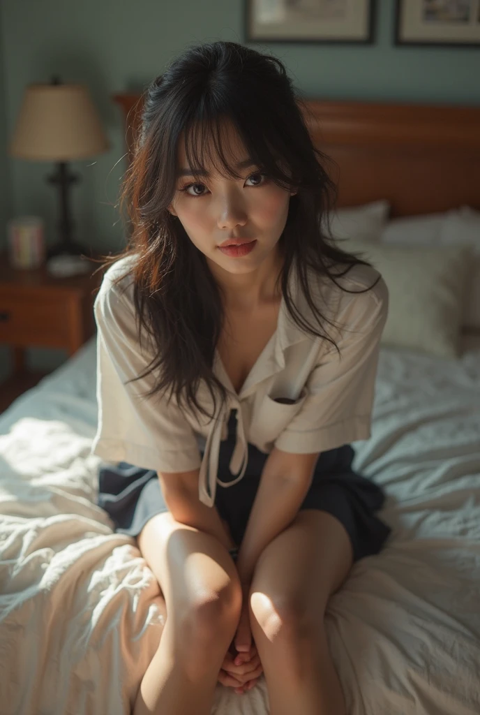 (A hyper-realistic), (illustratio), (hight resolution), (8K), (ighly detailed), (The best illustrations), (beatiful detailed eyes), (top-quality), (ultra-detailliert), (​masterpiece), (wall-paper), (详细的脸), girl wearing loose clothes, Beautiful Japan person, 20yr old、Colossal tits,a bed、Sensual look、a bed、Dynamic composition
