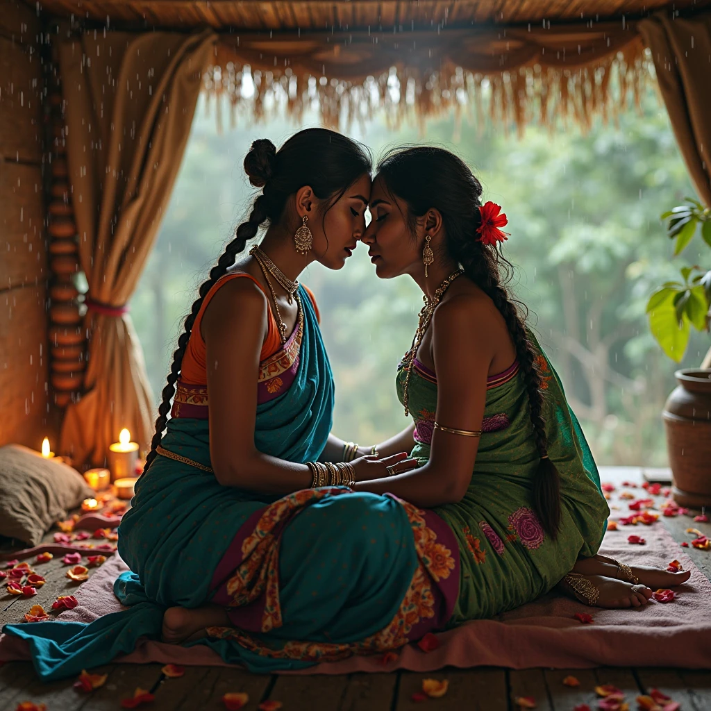"A sorrowful woman, dressed in tattered clothes, with a perfect cleavage, sitting beneath a large fruit tree. Her expression should show deep sadness as she reaches out for the fruit, with Raghu approaching her with concern, begging for some food.