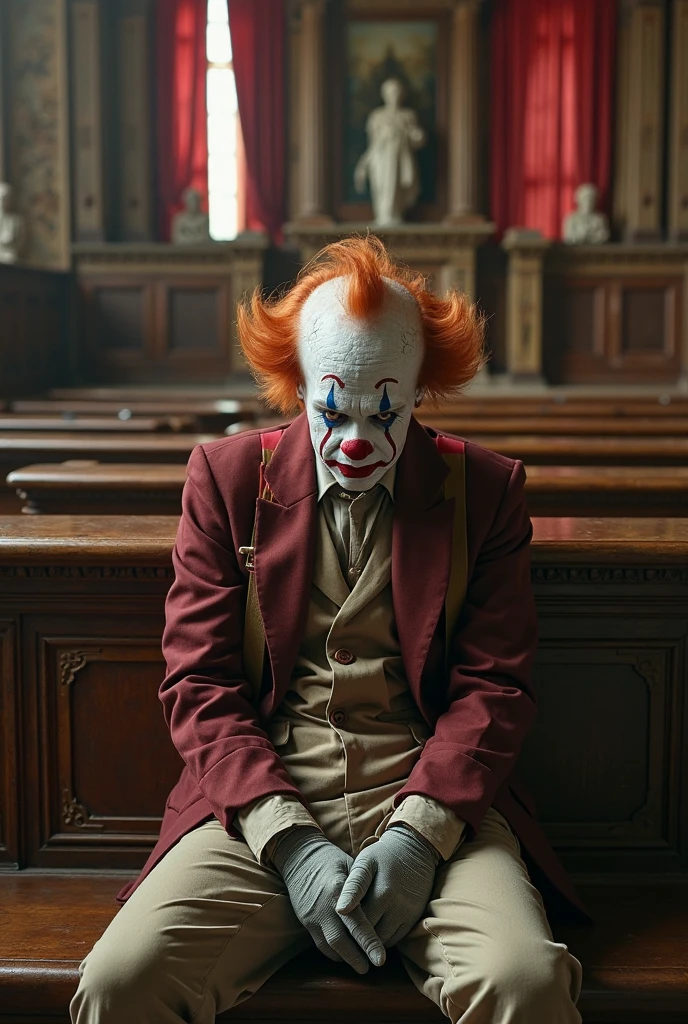 a realistic judge with a clown head in a courtroom with a gavel, highly detailed, 4k, photorealistic, cinematic lighting, dramatic shadows, vivid colors, dramatic composition, chiaroscuro lighting, tenebrism, oil painting, impasto texture, dynamic pose, expressive facial features, intricate details, hyperrealistic