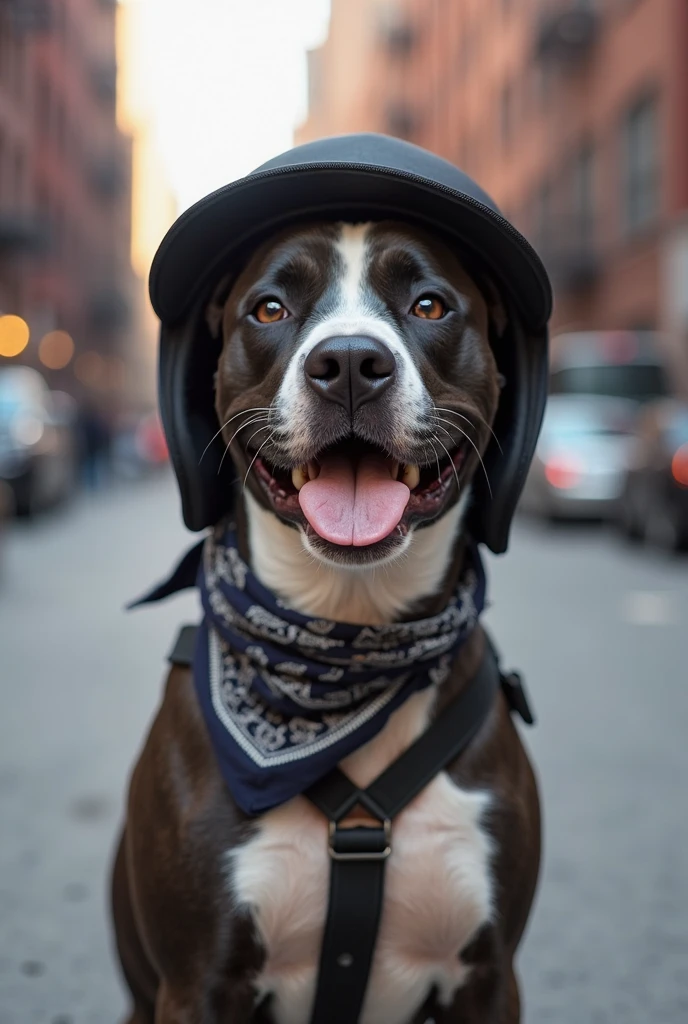 Photo of a dog in a helmet and scarf，Trends in the art station，Wear trendy clothes，hyper realistic detailed rendering，urban style，intimidating pose，Dog Planet，Fashionable outfit，urbansamurai，doggy，Wearing a work helmet，Stylish cityscape