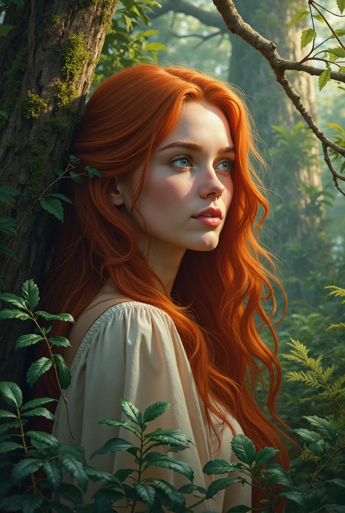best qualtiy， tmasterpiece，Red hair，A girl， exteriors， The upper part of the body， Realistis，Floating hair, ,Detailed face,  Green trees, Sunshine