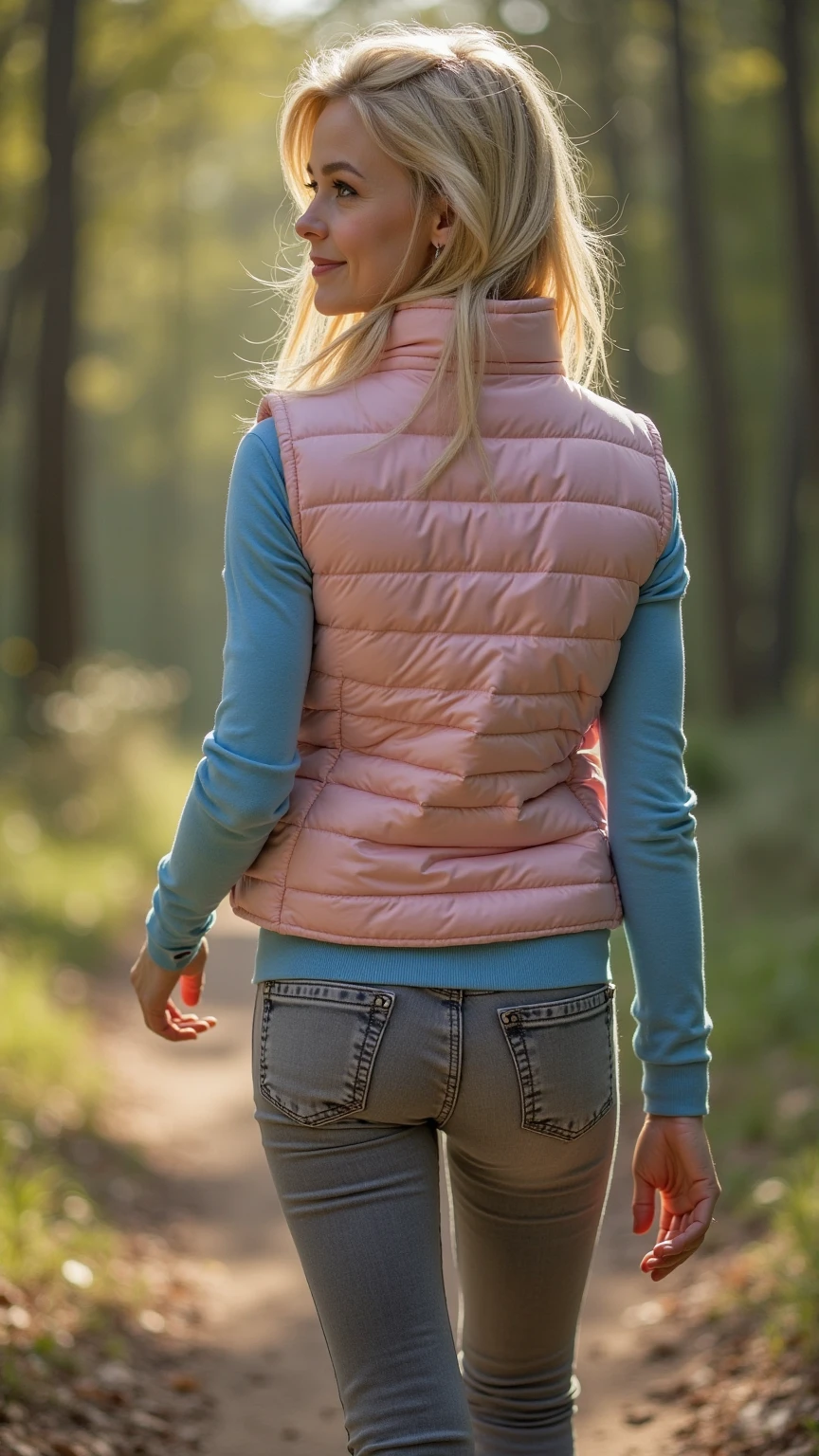 Full body front view of a beautiful 25 year old woman (No makeup), natural face, Natural skin texture, blue eyes (Delicate eyes), Rotterie, Long red hair, Pale skin, Perfect natural skin, Beautiful curves, Female image, Large target butt, Large target (Cup size C). She is wearing yoga pants, Pink transparent vest. She walks in a bustling urban environment, There are tall buildings, corridor, Colorful storefront. Background vibrant urban environment. 1 single girl. Realistic, RAW-Photo, Seinisch, Depth of Field, Detailed face, high resolution, Saturated colors, Cinema Lighting, Film Grain, Average exposure time, Medium aperture, Small focal length.