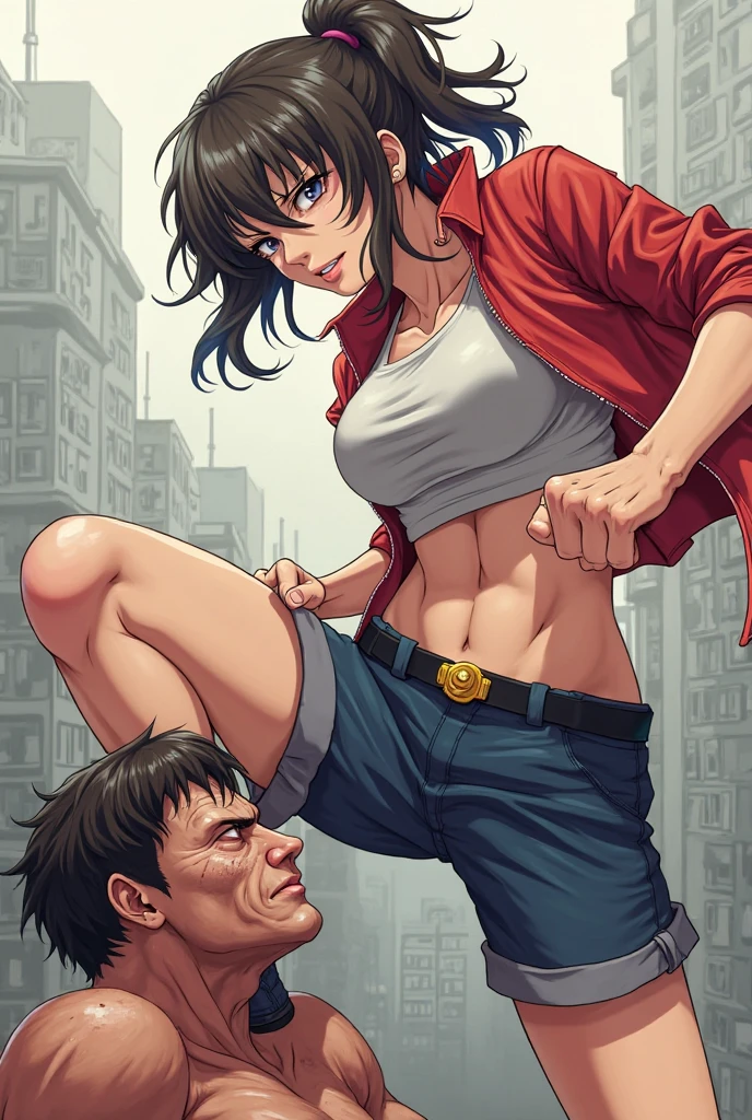a male streetfighter is kicking into a female streetfighter's body so hard in the backstreet. a bloody beautiful Japanese female fighter is being beating terribly by a male fighter. her body is slammed on the wall by the male. Blood is dripping from her nose. She is covered in scars and bruises. she is damaged terribry. Short-cut black hair, out of breath, drooling from mouth, one eye closd, crying, exhausted, drenched in sweat. Erect nipples. open finger glove. bra-top, denim shorts
