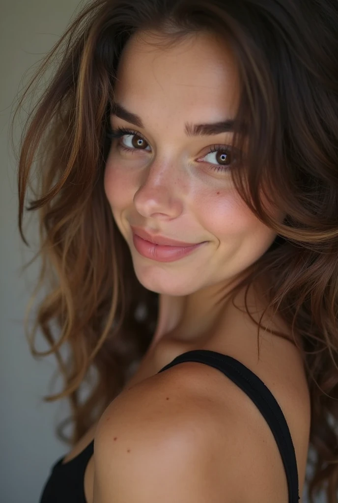 20-year-old French girl, assise en robe brunette, yeux de couleurs marrons foncé, big grin , Hair messy but not too messy, photos in a lit house photos taken IN SELFIE