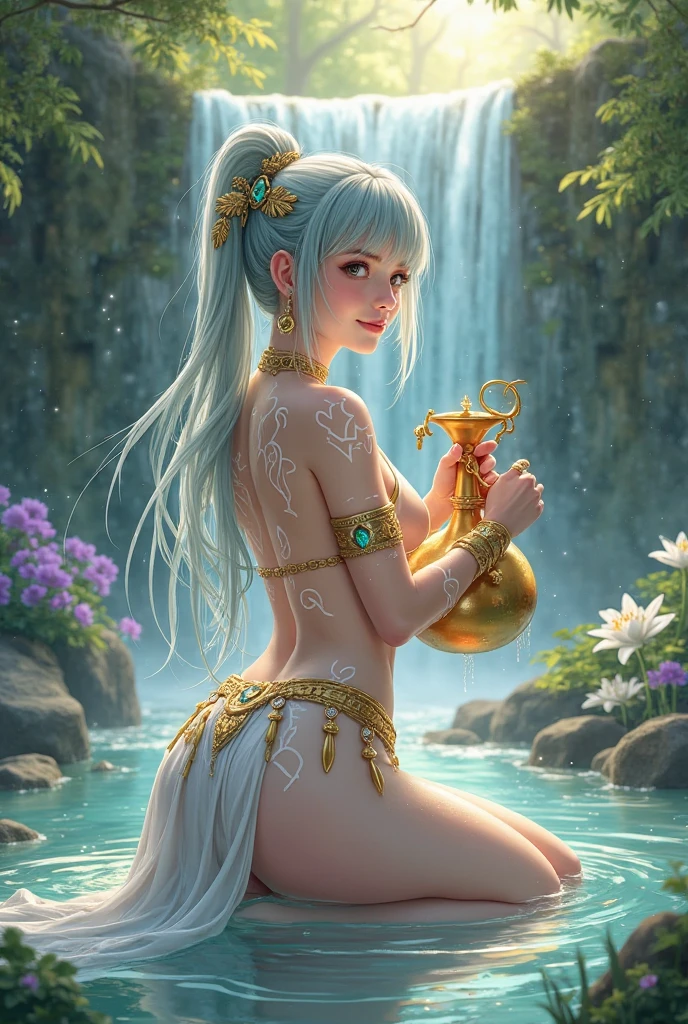 A goddess of love in her small garden, she is surrounded by beautiful flowers, little angels and fairies accompany her. A large fountain is behind her. Her gaze revises sweetness, she dresses in a luminous and vaporous way. Her body is slender and spectacular.