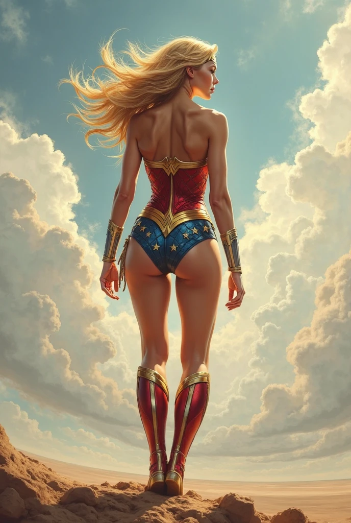 Supergirl, 1 chica, standing on the moon, naked, firm and toned breasts, perfect nipples, firm and small buttocks, her clothes are discarded to the side of her, only wearing her cape and boots, observing the Earth with a sensual pose, from behind, the background boasts beautiful rays of sunlight, realistic, masterpiece, details to the maximum, her cape flowing softly in the lunar breeze, each strand of her hair perfectly rendered, the curve of her hips accentuated by the gentle lunar gravity, the reflection of her body on the moon's surface adding an extra layer of depth and realism, the sunlight casting intricate shadows on her body,