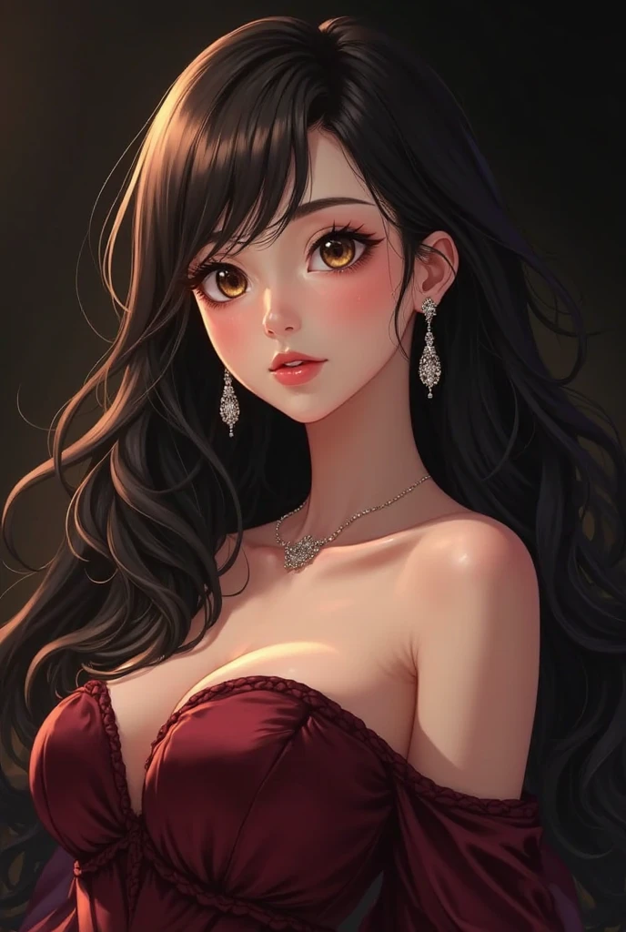 (extremely detailed CG unit 8k wallpaper, masterpiece, best quality, ultra-detailed), (best lighting, best shadow), 25 year old Spanish woman, mature, square face, wearing 1 red rose on necklace neck, wearing black lace dress with red, golden earrings, features like a maria padilla, (highly detailed skin: 1.2), medium brown loose hair with lights