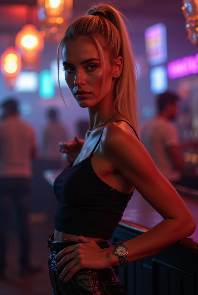 Create a 16:9 image featuring a confident blonde woman in a seductive pose, wearing an alluring, stylish outfit that enhances her appeal. She should be playfully biting her finger, with a flirtatious gaze. The background should be a vibrant nightclub scene with flashy, luxurious cars and dynamic, colorful neon lights, creating a sensual, high-energy atmosphere. The word “Techno” should be prominently displayed in a bold, glowing, futuristic font, integrated seamlessly into the design. The colors should be rich and dramatic, with deep purples, blues, and pinks to amplify the seductive and captivating mood.
