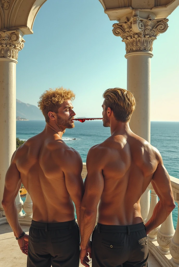 Cmnm, A handsome muscular completely naked man , is cuddling and kissing ,a handsome muscular brown haired bearded man wearing a black tank top and red swimwear sunset, barefoot , beach 