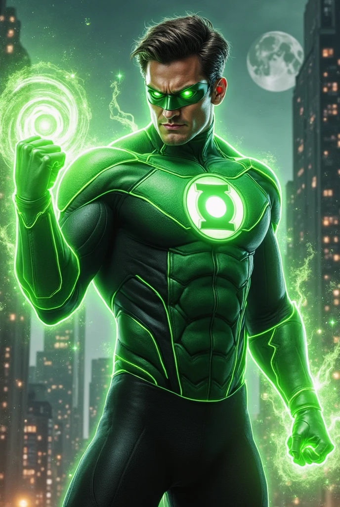 The Green Lantern, cinematic, hyper-realistic, photo, detailed skin, hdr, cinematography, rain, criminals next door, dark street, rabid dog