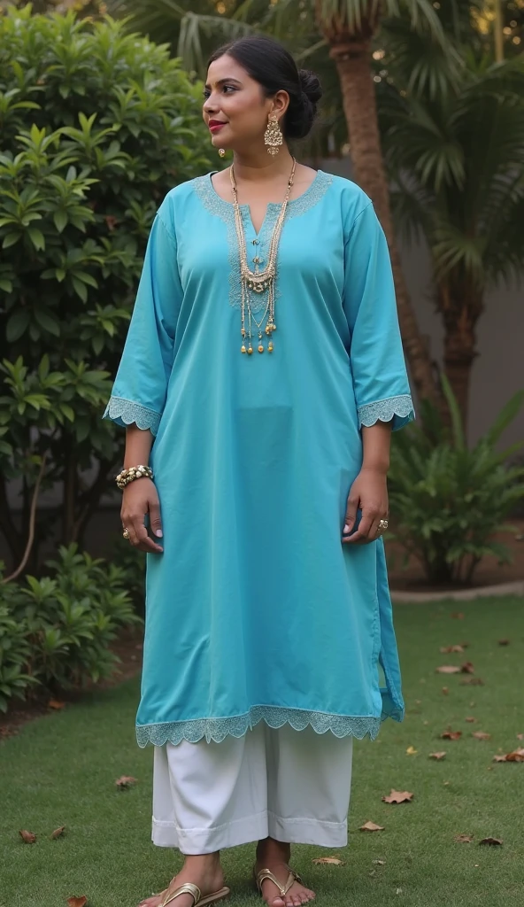 Day scene, A radiant, full-figured South Indian 35 year old aunty a white colour chiffon gown ,standing, in a office captured in a full-body image with vibrant hues and meticulous details. Full body image
