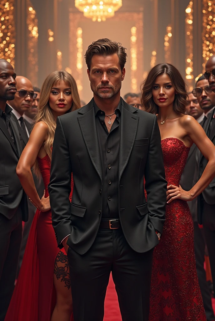 Create a striking movie poster featuring a young mafia boss in an expensive suit, exuding an air of power and mystery. He has a subtle beard and a confident stance. The background should showcase a high-octane action movie scene, with luxurious cars and intense action elements. Surrounding him are his bodyguards, armed with guns and standing in a protective stance. Next to the mafia boss is a beautiful woman, whose presence adds a touch of elegance and intrigue. The overall atmosphere should reflect a blend of danger, sophistication, and allure.
