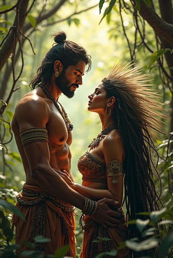 A man and girl,primitive, Masterpiece, ultra fine photos, Best quality, Ultra-high resolution, Realistic, Sunny, full-body portraits, Amazing man, Dynamic posture, exquisite face, Vibrant eyes, Very detailed background, Detailed face, detailed tidy background, Gorgeous, High detail skin, Realistic skin details, Visible pores, Clear focus, volume fog, 8K UHD, Digital SLR, High quality, filmgrain, Fair skin, Realism,(((Handsome man and beautiful girl:1.4)))