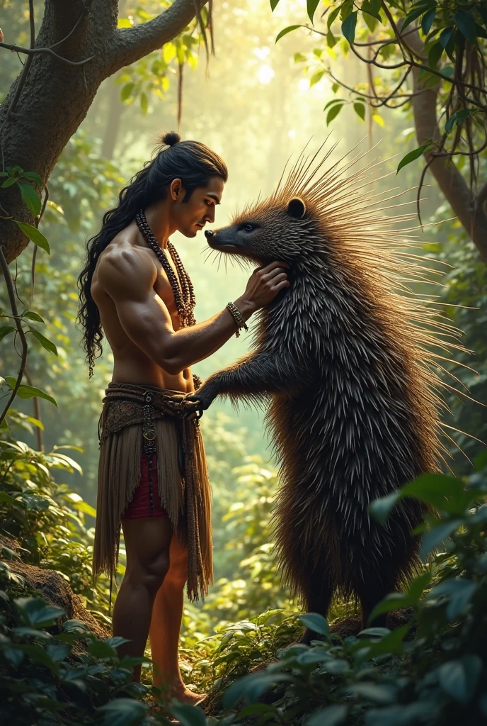 an Indian with fiery eyes and a wild boar 




