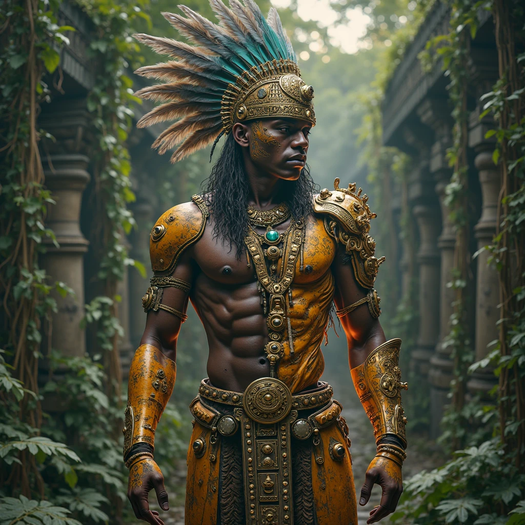 A high-resolution brightly lit photorealistic photograph of a tech wear shaman wearing shamanic ornaments and face mask tribals with tribal clothings and colourfull masks in uv green and blue  with criptic signs glowing on the fabric standing by an ancient rain forest temple ruins glowing with criptic symbols of tribals and alienish paterns on the tree trunks glowing in uv colours smog and misty fog in the atmosphere broken ruins of ancient goddess skulptor glowing in uv colours The photograph is styled like a high-end lifestle Movie hdr32 k this orignal image octate render unreal lightings, highly detailed , photo realistic , unreal engine 5, depth of view, add noise, Effet de vent：1.9，Effets de nuage：1.2，Rendu complet，Encaustic painting,flammes, epic, dawn, dramatic lighting, dim light, bokeh, The photograph has a light bright happy feel. Use a high-resolution 16k camera with a 2:3 aspect ratio, a raw style, and a quality setting of 2 to capture this vibrant scene . 32k, full ultra hd, high resolution, photorealistic, natural lighting, ultra realistic photo, high quality, HDR, high resolution, smooth and delicate skin, noble and elegant, ultra-realistic photography vibe, shot with Canon camera, intricate details, 32k --ar 16:9 --s 750 --v 6.1