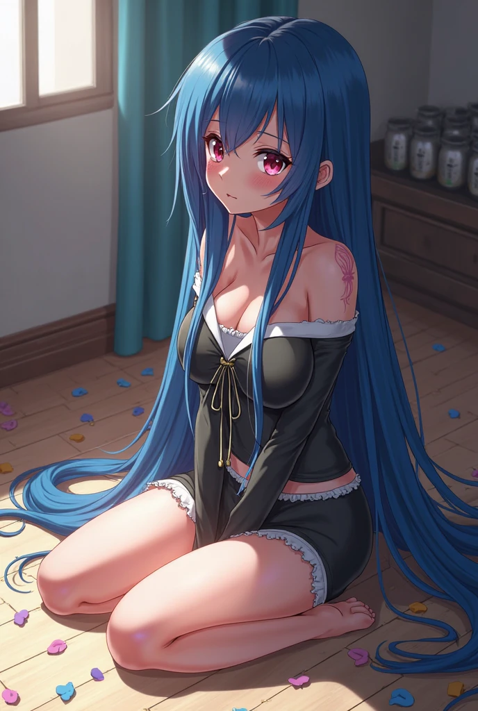 (masterpiece, 4k, best quality, highly detailed, 1girl, solo, blush, small breasts, sitting, knees together, arms at sides, full body), nonaka kurumi, blue hair, high ponytail, yellow eyes, hair ribbon,