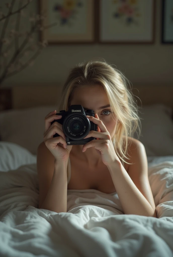 Blonde dans sa chambre qui prends des photo de ses pied