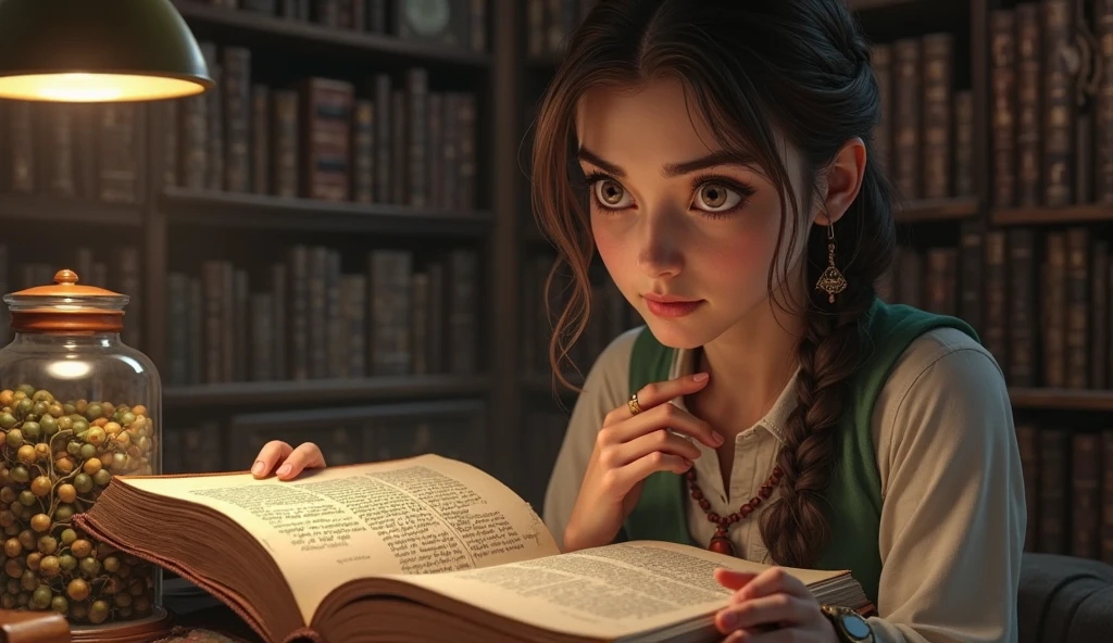 Create an image of Sadia discovering a magical book in the basement of her house.
