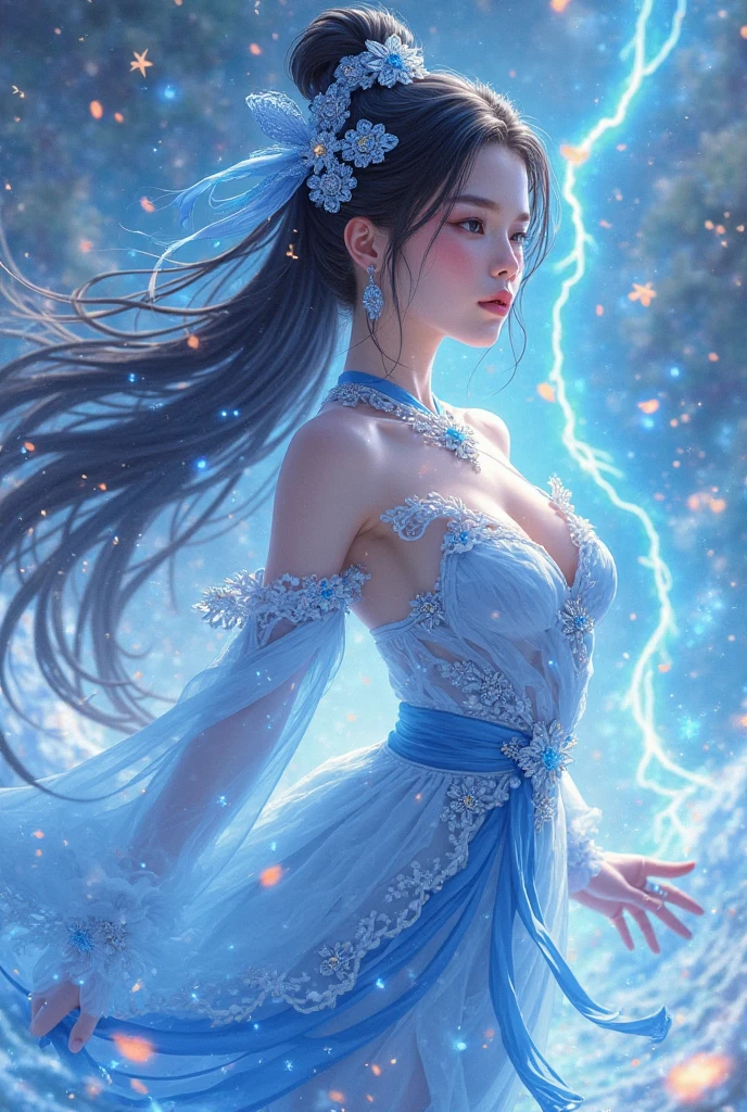 (((1 girl))),dynamic poses,(Crystal dress:1.5),(magic circle:1.2),magic circle,blue concentric circles,ice crystals,concentric circles of frost,(((icicle))),Ice mist,Ice particle effects,(Ice butterfly:1.2),Amazing results,,best quality,masterpiece,ultra high resolution,detailed,8K resolution,chiaroscuro,NVIDIA RTX