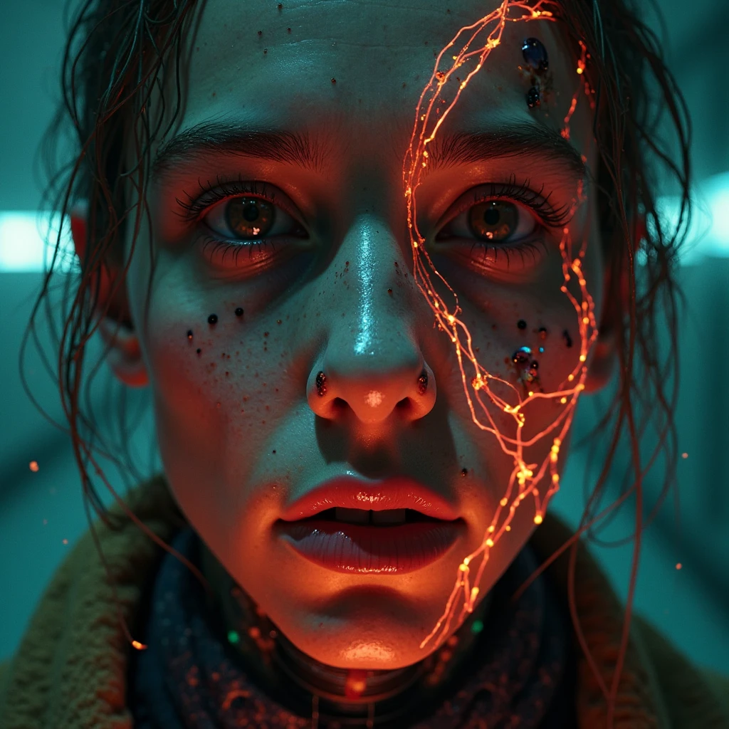 3D face, big bang in space, Cyberpunk, oil stains